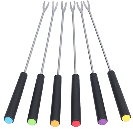 6 tenedores para fondue de acero inoxidable, tenedores largos para fondue de queso codificados por colores de 9,1 pulgadas, palitos para ahumar con mango resistente al calor