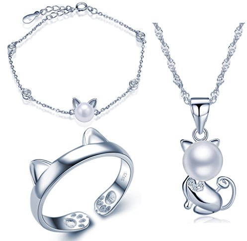 Set de joyas Yumilok de plata de ley 925, con cadena con colgante de gato, perla de 8 mm y circonitas, pulsera de cadena con adorno y anillo, para mujeres y niñas