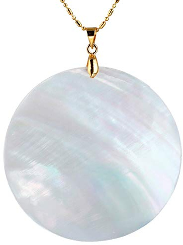TUMBEELLUWA White Sea Shell Pendant Necklace for Women, Round Pendant with 19.5 Chain