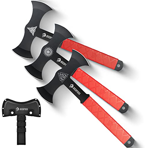 NedFoss Throwing Axes and Tomahawks with Innovative TPR Rubber Handle, 11.9 Full Tang Double Bit Throwing Axe Set with Sheath, Viking Axe Throwing Game for Recreation and Competition