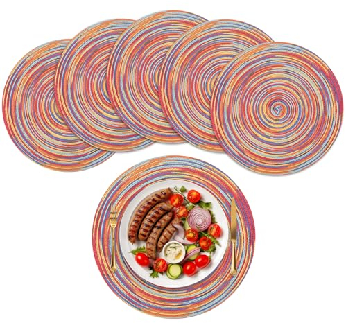wiipara 6er Set Baumwolle Tischsets Abwaschbar, 38cm Platzsets Rund Geflochtene Platzdeckchen Platzset Rund Tischuntersetzer Platzteller Hitzebeständig für Küche Speisetisch Hochzeit - Regenbogen Rot