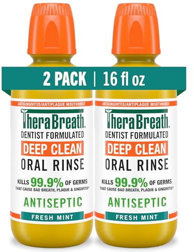 TheraBreath Deep Clean Mouthwash, Antiseptic Benefits, Fresh Mint Flavor, Dentist Formulated, Alcohol Free, 16 fl oz (Pack of 2)
