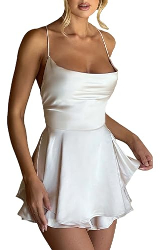 LSFYSZD Women Spaghetti Strap Satin Rompers Dress Short Jumpsuits Sexy Cowl Neck Lace Up Backless Ruffle Layered Mini Dress (Champagne, S)