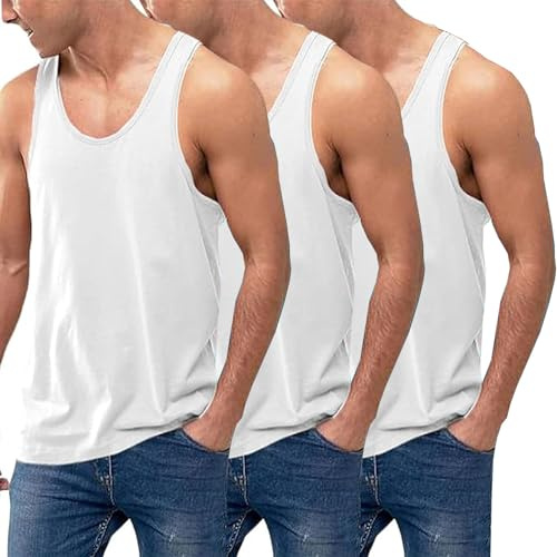 VEARZ®️ Pack of 3/6 Men's Cotton Vest Classic Slim Fit Summer Plain Tank Tops – Adults Sleeveless Undershirts Gym Training Tops Plus Size White-L-3