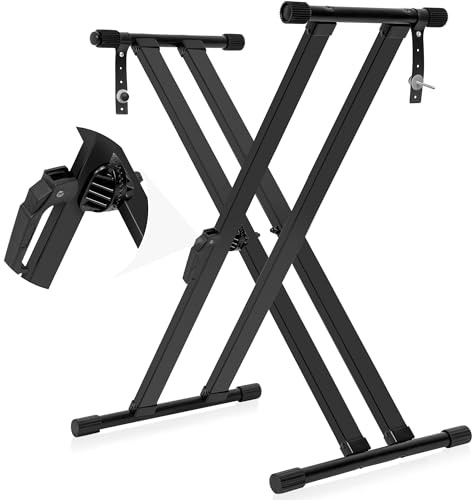 AKOZLIN Supporto per tastiera digitale a doppio rinforzo X-Style regolabile in altezza per pianoforte con cinturino di blocco, nero