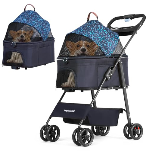 YEALEO Travel Pet Stroller Dog Pram, Foldable Small/Medium Sized Dog & Cat Trolley with Spacious Storage Basket, Safety Belt, and Cup Holder