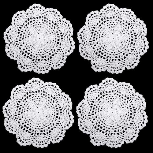 4 Pcs 8 Inch White Vintage Crochet Doilies Round Lace Doily Lace Coasters Cotton Lace Doilies Lace Doilies for Tables Lace Coastersfor Kitchen Dining Room Party Dressers Dream Catcher Decoration(White