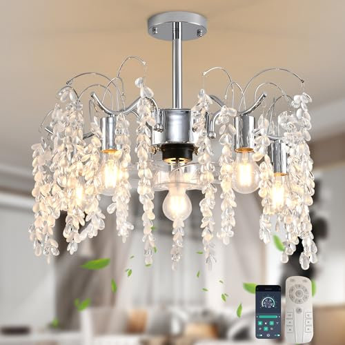 Ganeed Ceiling Fan with Lights and Remote Control Modern Fandelier Crystals Chandelier Pendant Lamp 6 Wind Speeds for Bedroom Kitchen Living Room Willow Leaf 4 Lights