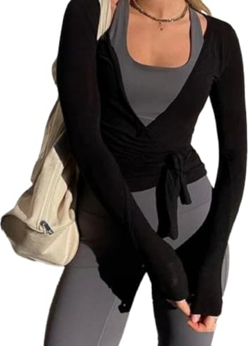 Women Ballet Wrap Top Ballet Cover Up Cross Tie Long Sleeve Deep V Neck Blusa Fitted Yoga Workout Wrap Top Pilates (Black,M)