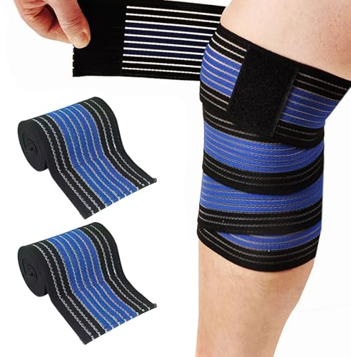 2PCS Elastic Calf Compression Bandage Sleeve,90cm Adjustable Knee Brace,Support Brace Knee Bandage Calf Support,Breathable Sports Knee Wraps Bandage for Legs Stabilising Ligament (Blue Black)