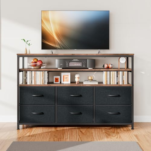 Taotigzu Mobile TV lungo 100 cm, mobile TV da soggiorno con cassetti in tessuto, armadio per TV con ripiani per soggiorno, camera da letto, telaio in metallo, nero, altezza 80 x larghezza 100 x