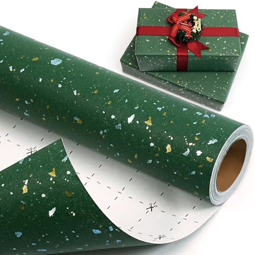 Rotolo di carta da regalo per compleanno, verde, oro, argento, con pellicola dorata opaca, carta kraft per Natale, matrimonio, compleanno, 43 cm x 10 m