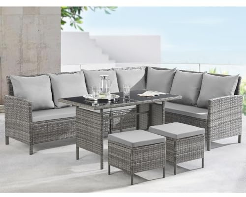 EVRE Madison 7 Seat PE Rattan Garden Furniture Set UV-Resistant Corner Sofa Glass Dining Table 2 Stools & Chairs with Cushions Outdoor Patio Set for Balcony Lawn Conservatory Steel Frame (Grey)