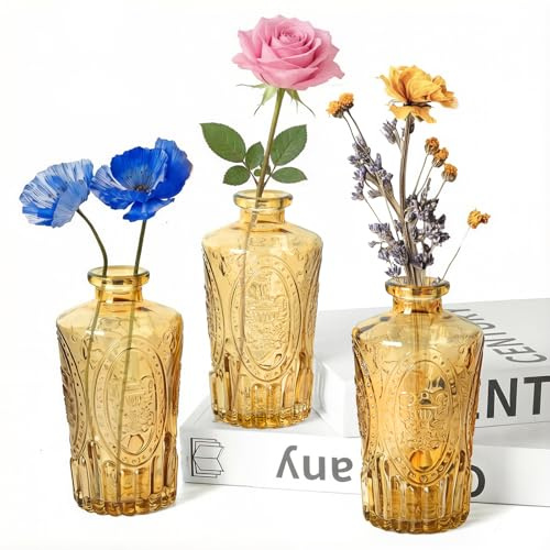 Glass Bud Vases Set of 3, Small Amber Vintage Glass Vases for Table Centerpieces, Wedding & Home Decor, Mini Flower Vase for Table Decoration