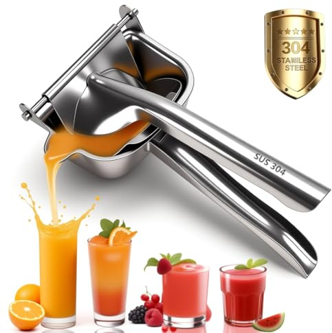 Fruit Juice Squeezer Manual Juicer – 304 Stainless Steel Hand Juicer Juice Press with Metal Filter, Easy to Clean, Non-Slip Ergonomic Grip, for Lemon, Orange & Citrus (304 Bright Silver)