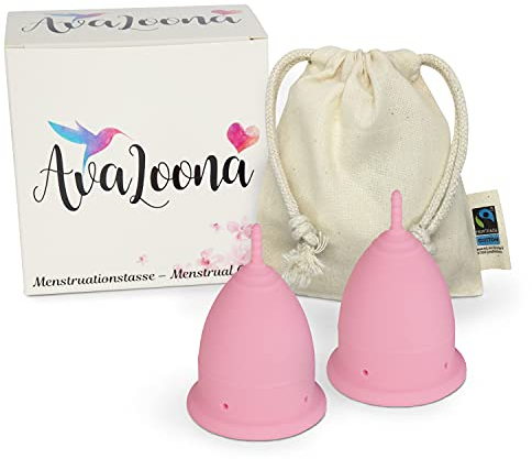 2 AvaLoona Menstruationstassen Made In Germany mit fairtrade Bio Baumwollsäckchen - hygienisch, nachhaltig, antiallergen und vegan - Doppelpack (groß, Rosa)