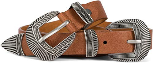styleBREAKER Cinturón vintage para damas con doble hebilla decorada en estilo occidental, cinturón bajo B, cinturón de cintura, acortable 03010105, tamaño:90cm, color:Coñac