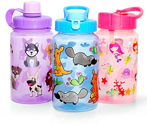 Home Tune 3 Pack 16oz Kid Water Drinking Bottle - BPA Free, Flip Straw Cap, Carry Loop, Chug Lid, Wide Mouth, Lightweight, Leak-Proof Water Bottle with Cute Design For Girls & Boys - Mermaid & Animals