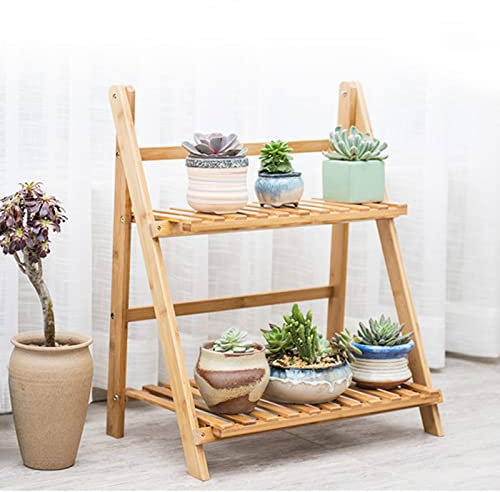 LIGUOYI Étagère De Fleur Pliant De 2 Niveaux - Bambou Étagère À Fleurs, Support Présentoire Escalier pour Plantes Succulents, Étagère d'angle Étagère De Rangement Autoportantes Intérieur Ou Extérieur