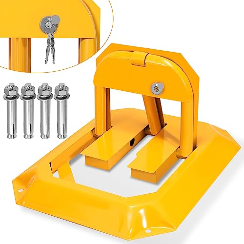 Eulenke Parkplatzsperre 1 X Parksperre mit 3 Schlüssel, Klappbar Parkpfosten mit 4 Dehnschrauben, Universal Parkplatzschloss Poller abschließbar aus Metall Gelb, parkplatzsperren