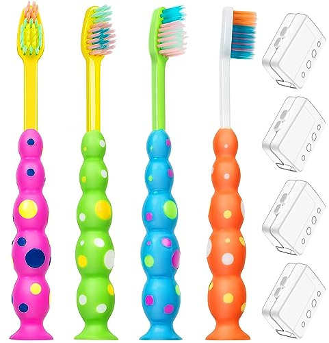B Rush Toddle/Kids Toothbrushes, Soft Flossing Bristles, Child Sized Brush Heads (3+), Suction Cup for Fun & Easy Storage, Girl & Boy Set, Plaque Remover Brushes Individually Wrapped, Travel Pack of 4