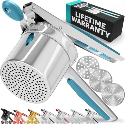 PriorityChef Large 15oz Potato Ricer With 3 Discs, Heavy Duty Stainless Steel Potato Ricer for Mashed Potatoes, Potato Masher, Press and Ricer Kitchen Tool, Turquoise