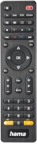 Hama Universalfernbedienung TV, für 4 Geräte (Infrarot, smarte Taste, 10m Reichweite, ideal z.B. für TV, DVD Player, Videorekorder, Receiver, Set Top Boxen, vorprogrammiert) schwarz