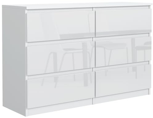 MebLocker Commode 6 TiroirsBlanc avec des Façades Brillantes 140 cm - Design Minimaliste - 138,5 x 39 x 78,5 cm - Meuble de Rangement Spacieux pour Chambre, Salon ou Bureau