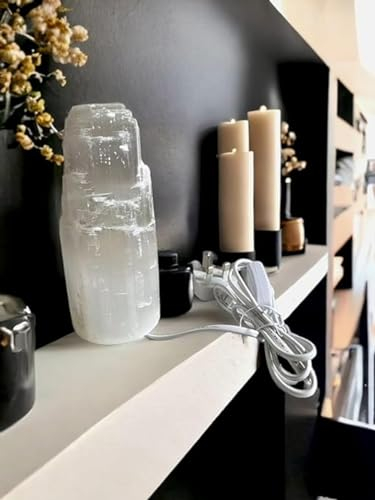 HEIMTEX Reiner Selenit-Kristall Natürliches Licht Bergturm Lampe Handgefertigte Lampe für natürliche Energie, Heilung, Klarheit und Meditation - Dekoration für Zuhause und Tischlampe (20cm)