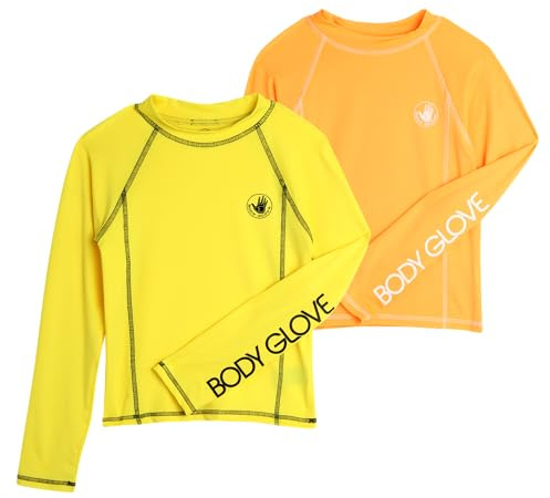 Body Glove Boys Swim Shirt - 2 Pack UPF 50+ Sun Protection Quicky Dry Long Sleeve Rash Guard for Boys Kids Swimwear (2T-14), Size 14, Orange/Yellow