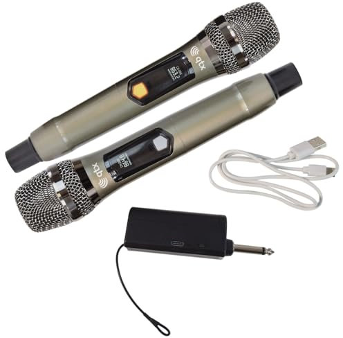 QTX | J-MIC UHF Dual Wireless Microphone Set with Rechargeable Receiver, Two Handheld Transmitters, USB Charging, and Dynamic Cardioid Capsules. Presentations, Conferences, or Performances