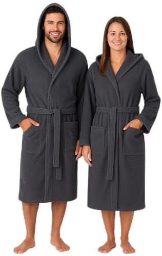 RUND Baumwolle Bademantel mit Kapuze für Herren und Damen - Saunabademantel - langer Bademantel - Saunamantel - Farbe anthrazit - Größe L/XL - TEDDY