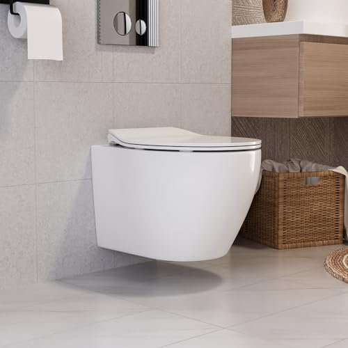 Wall Hung Toilet with Concealed Cistern, DeerValley 1.6 GPF/1.1 GPF Dual Flush Ceramic Water-Saving Rimless Toilet with Soft Closed Seat
