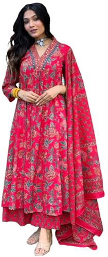 GoSriKi Women's Rayon Viscose Anarkali Printed Kurta with Palazzo & Dupatta, Pink, 5XL