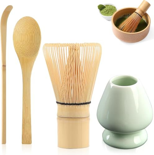 Macha Tea Set, 4 pcs Matcha Besen Set,Matcha-Rührer, Matcha Tee Set mit Matcha Löffel, Matcha Whisk, Keramik-Matcha-Set, Traditionell Japanische Teezeremonie, Beste Geschenk für Matcha-Liebhabern