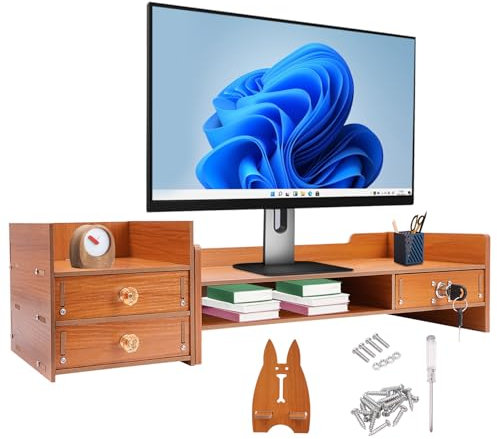 DHQCQL Supporto per monitor, in legno con 3 cassetti, 2 chiavi e supporto per cellulare, supporto per scrivania, supporto per schermo PC/laptop/TV, 48 × 20 × 13,5 cm