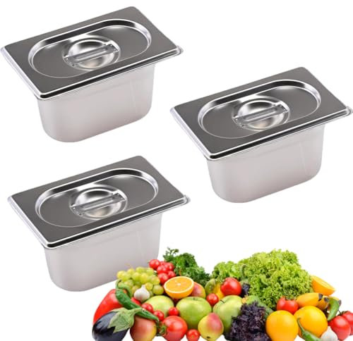 Lot de 3 bols à paner, récipient GN avec couvercle, gastronorme en acier inoxydable, résistant à la chaleur, 17,5 x 11 x 10 cm