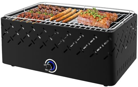 kisidus Barbacoa de carbón vegetal de mesa con ventilador, barbacoa de camping con ventilador integrado, parrilla de carbón sin humo, parrilla de 45,5 x 28 cm, parrilla portátil, para exterior, negro