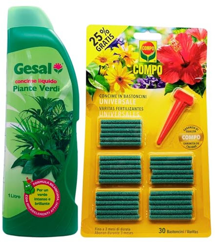 SET: Concime Liquido PIANTE VERDI, Per Piante Rigogliose Dal Colore Verde Intenso e Brillante 1L + Concime In Bastoncini UNIVERSALE, Confezione Da 30 Bastoncini