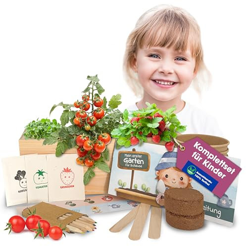 Kinder Anzuchtset für Zuhause, Zimmer, Balkon – 5-10 Jahre - Holzbox zum Bemalen, Microgreens Starter Set – Experimentierkasten & Pflanzset für Kinder, Kreativ - Geschenk für Mädchen & Jungen