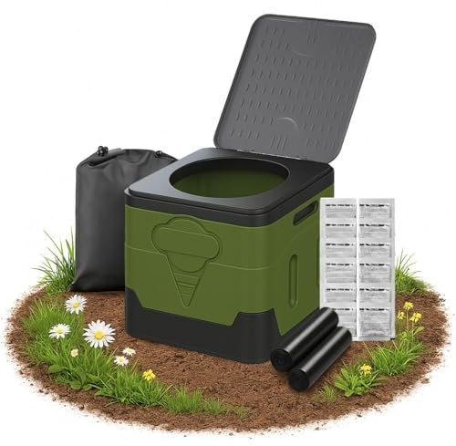 Faltbare Campingtoilette mit Deckel, tragbare Reisetoilette für Erwachsene, inkl. Toilettenbeuteln, Gerinnungspulver, Aufbewahrungstasche, Wohnmobiltoilette für Picknick, Wandern, Angeln, Farbe Grün