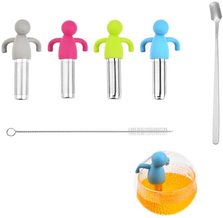 4 pezzi di setaccio da tè da tè in acciaio inossidabile, setaccio tè umanoide per tè sciolto, filtro del tè creativo con manico in silicone, eie con cucchiaio e pennello