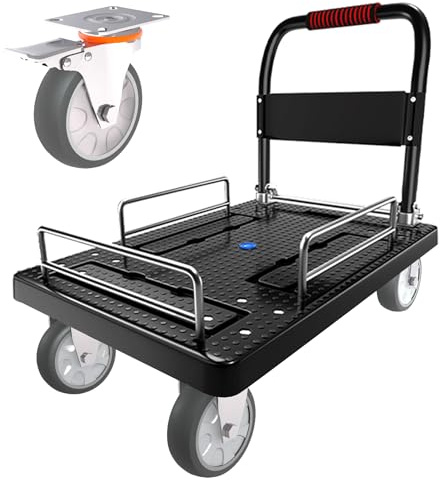 Platform Trucks Flatbed Cart Heavy Duty with Brake Wheels & Fence Foldable Hand Cart 1300lbs Capacity 36x24 Moving Dolly for Furniture/Office/Groceries/Garage, Black