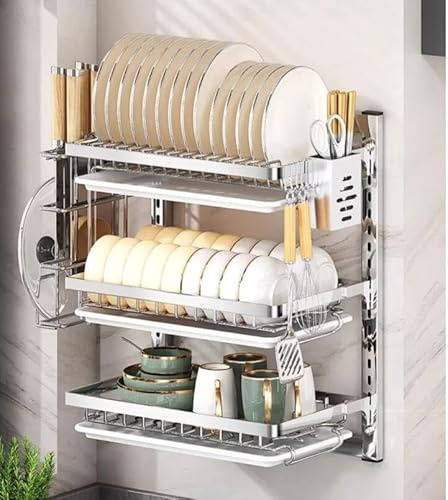 Estante para platos montado en la pared con bandeja de goteo extraíble de acero inoxidable, colgante, plegable con soporte para vasos y estantes para cuencos, escurridor de platos para la cocina