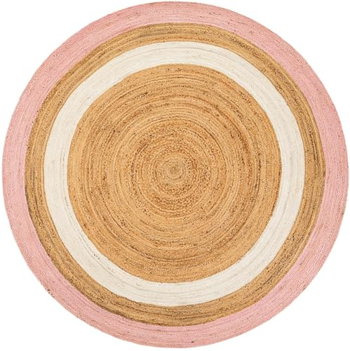 Aizza Trends Tapis en jute naturelle tissée à la main avec bordure blanche et rose, motif rustique solide pour chambre à coucher, salon, salle à manger – Ovale 61 x 91 cm