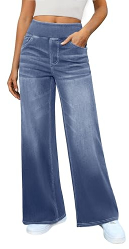 DLOODA Women's Wide Leg Jeans High Waisted Stretchy Denim Pants Elastic Waist Pull On Sweatpant Jeans Trendy Baggy Loose Sky Blue