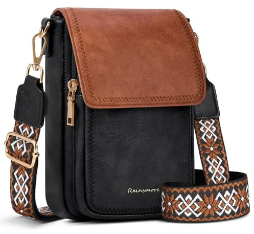 RAINSMORE Handytasche zum Umhängen PU Leder Handy Umhängetasche Damen Klein Handtasche Schultertasche Crossbody Bag Damen Handytasche mit Geldbörse zum Umhängen Schwarz und Braun