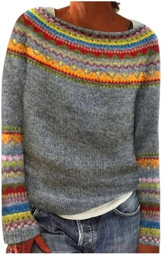 Suéter Fair Isle para Mujer Ropa de Punto Noruego Vintage Manga Larga Grueso Jacquard Jersey Anchos Termico Invierno Sweater Casual Argylee Nordic Cuello Redondo Sueter Talla Grande