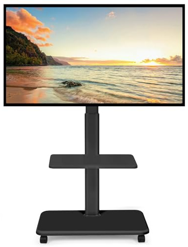 Rullande TV-stativ för 32-70 tum platt böjda LED LCD-OLED-skärmar upp till 45 kg höjd justerbar mobil TV-vagn med låsbara hjul och laptophylla för sovrum, utomhus, kontor, svart