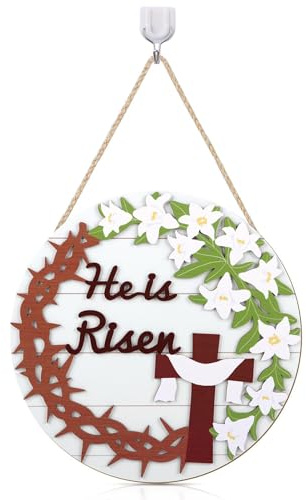 Decorazione 3D In Legno Lui È Risorto, Con Segno Della Croce Cristiana, 29x29x0,7 Cm, Decorazione Per Porta Di Pasqua, Cartello Di Benvenuto Cristiano Religioso, Stile Rustico Ed Elegante, Da Esporre